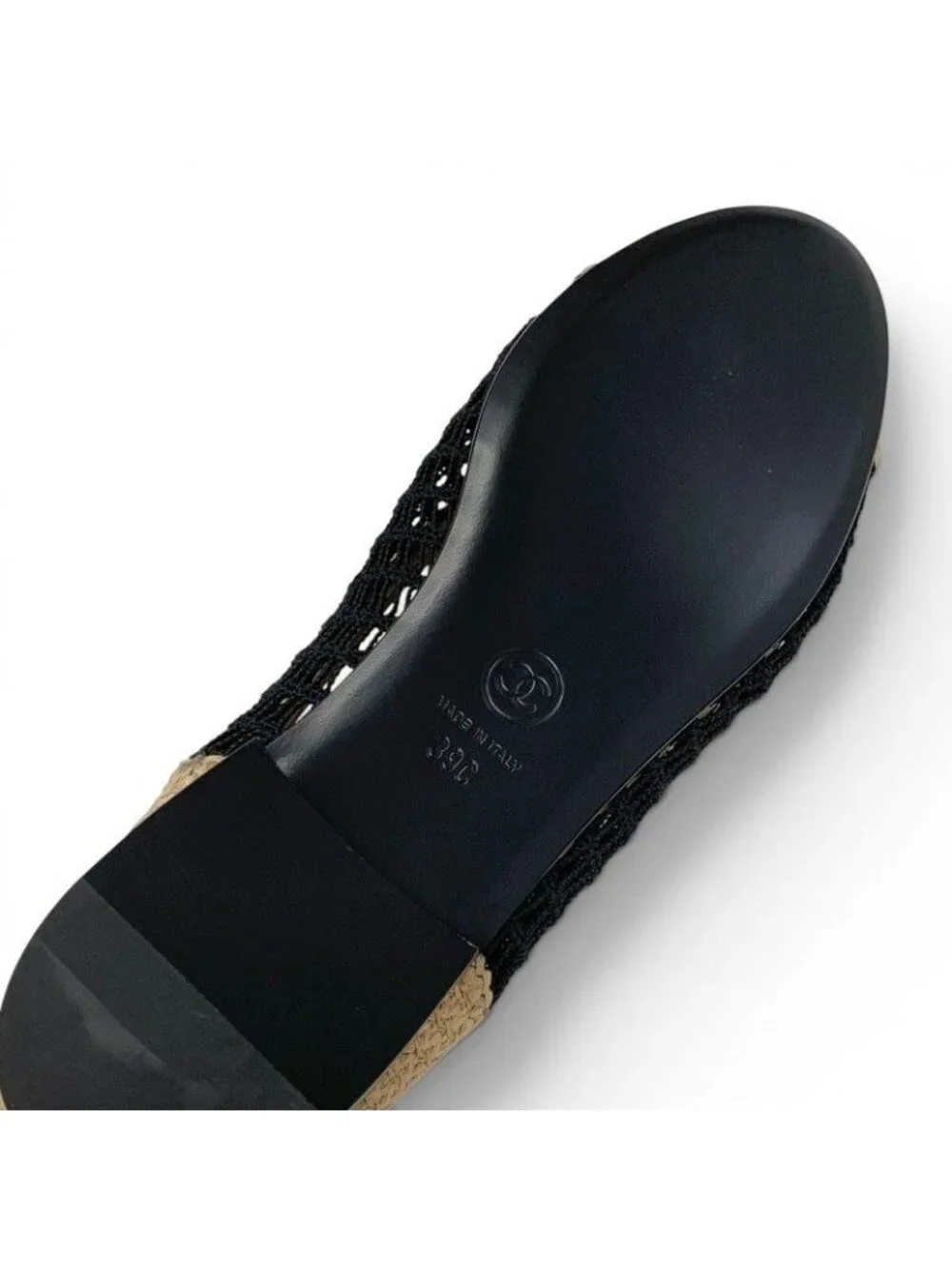 Chanel Flat Shoes Raffia Beige Black Ballerina CC Logo Ballet